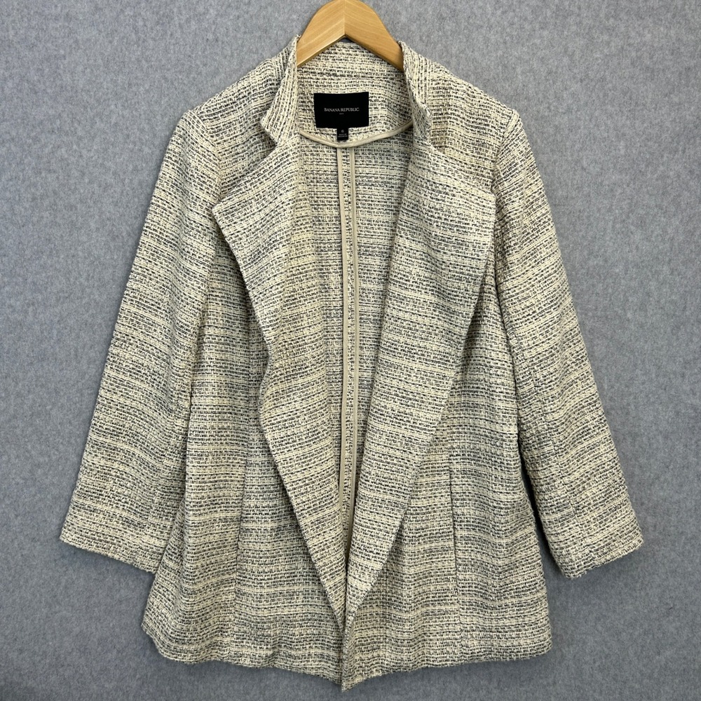 Banana Republic Blazer Cream Black Tweed Boucle Open Front Autumn Women Size 6